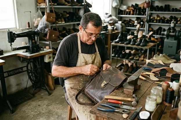 Bolsa de couro reformada por um sapateiro em Várzea Grande, mostrando a qualidade do serviço.