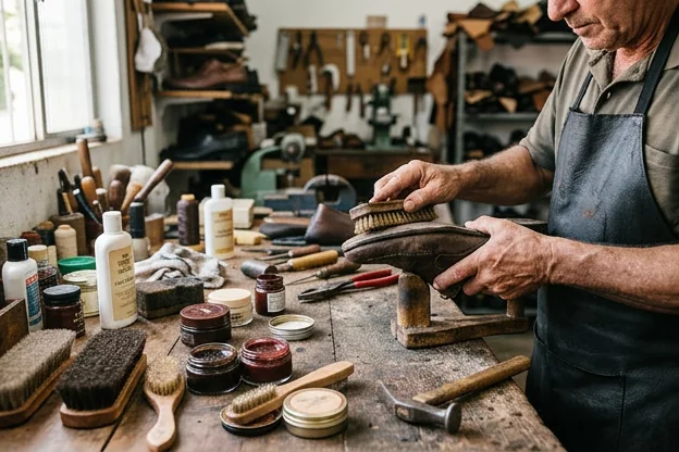 Par de sapatos sendo cuidados por um profissional em Várzea Grande, evidenciando o processo de manutenção.