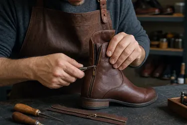 Sapateiro consertando o zíper de uma bota, evidenciando as ferramentas usadas no serviço.