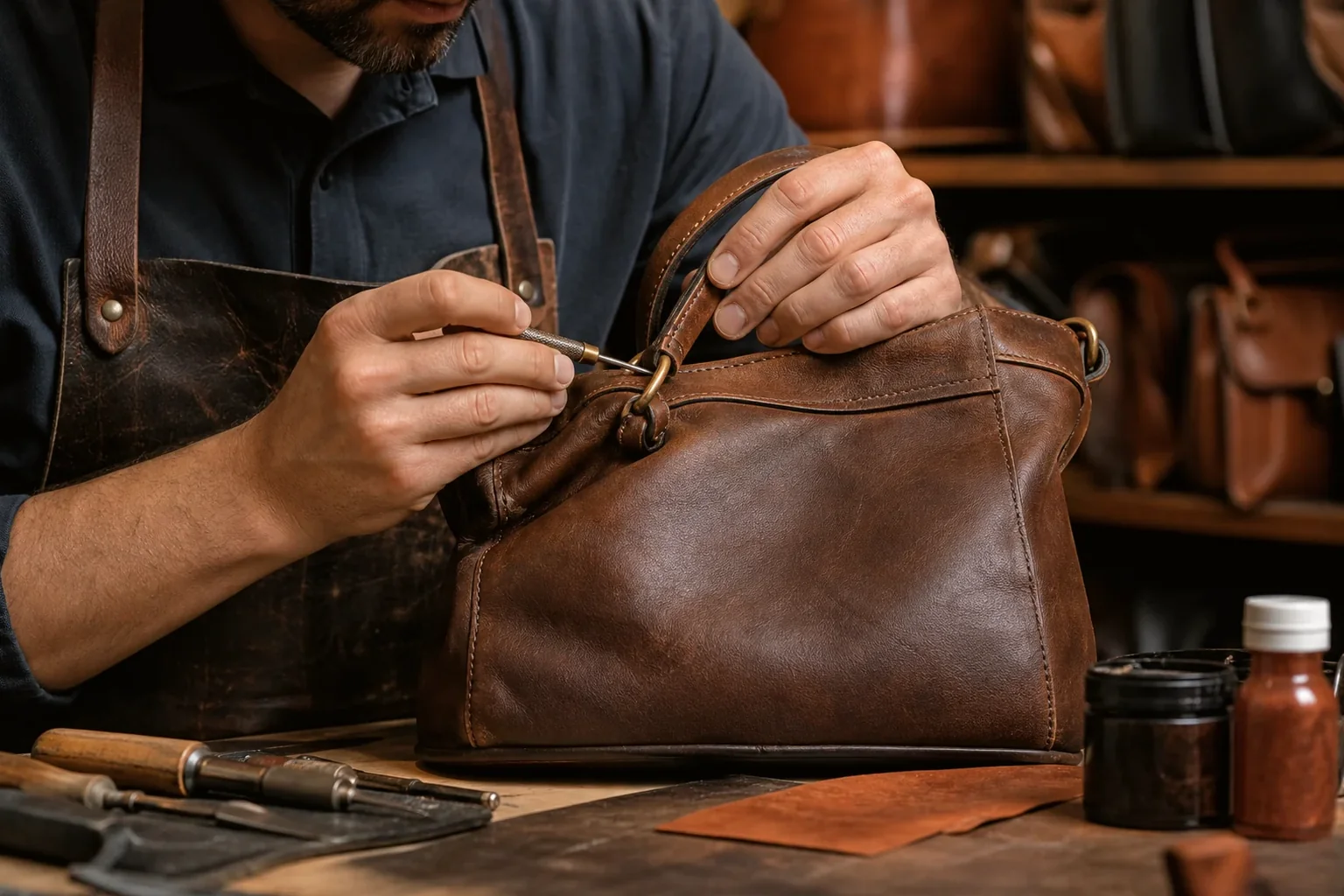 Sapateiro reformando uma bolsa de couro em Várzea Grande, mostrando o processo de restauração.