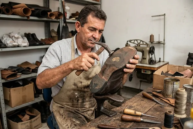 Sapato com soleira desgastada analisado por um profissional em Várzea Grande, mostrando o desgaste do material.